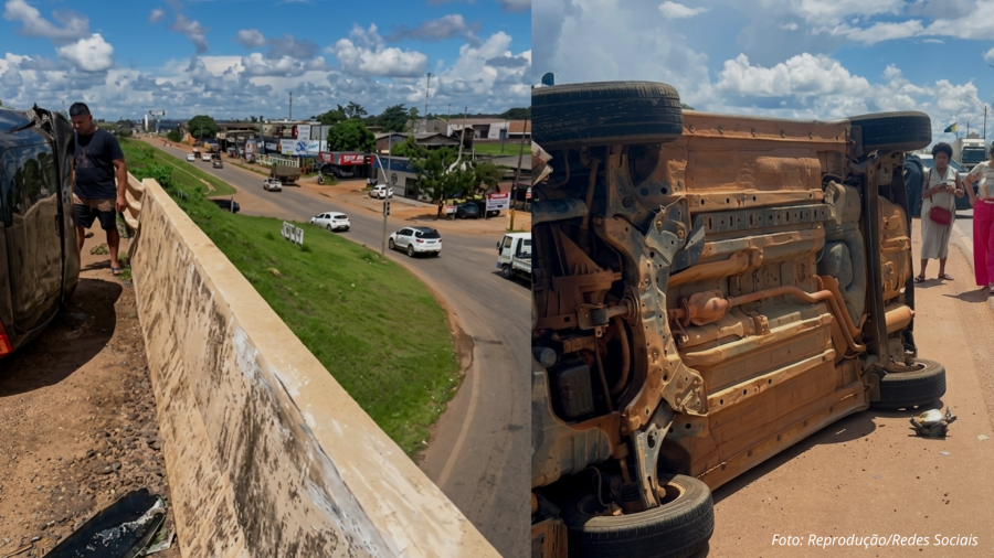 Carro capota e quase despenca de viaduto na BR-364