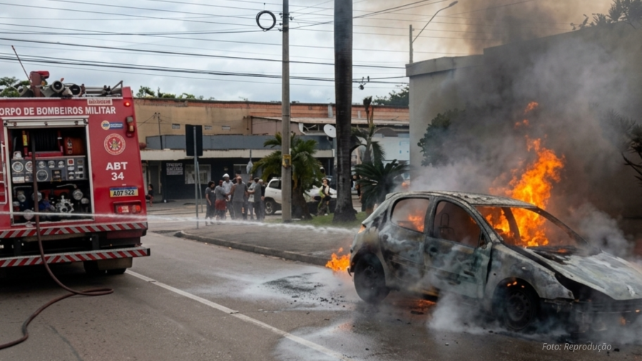 Carro pega fogo após pane no motor e é destruído na zona Norte de Porto Velho